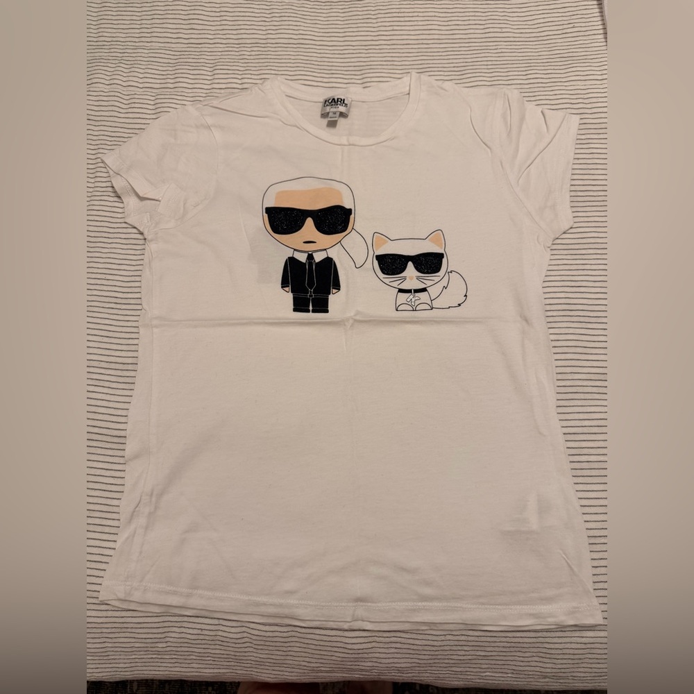 Karl Lagerfeld White Tee with Karl & Choupette Cartoon Sz 16